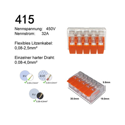 Hebelklemme Verbindungsklemme Kabelklemme Orange 415 5 Leiter 10-100 Stück
