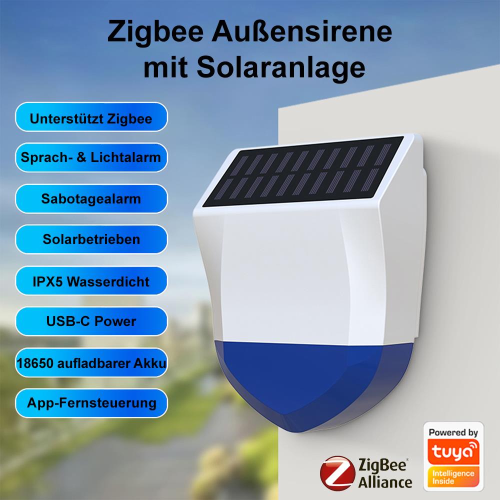 NEO NAS-AB06B ZigBee 3.0 Outdoor Solar Smart Alarm Sirene IPX5 95dB, Z2MQTT, ZHA