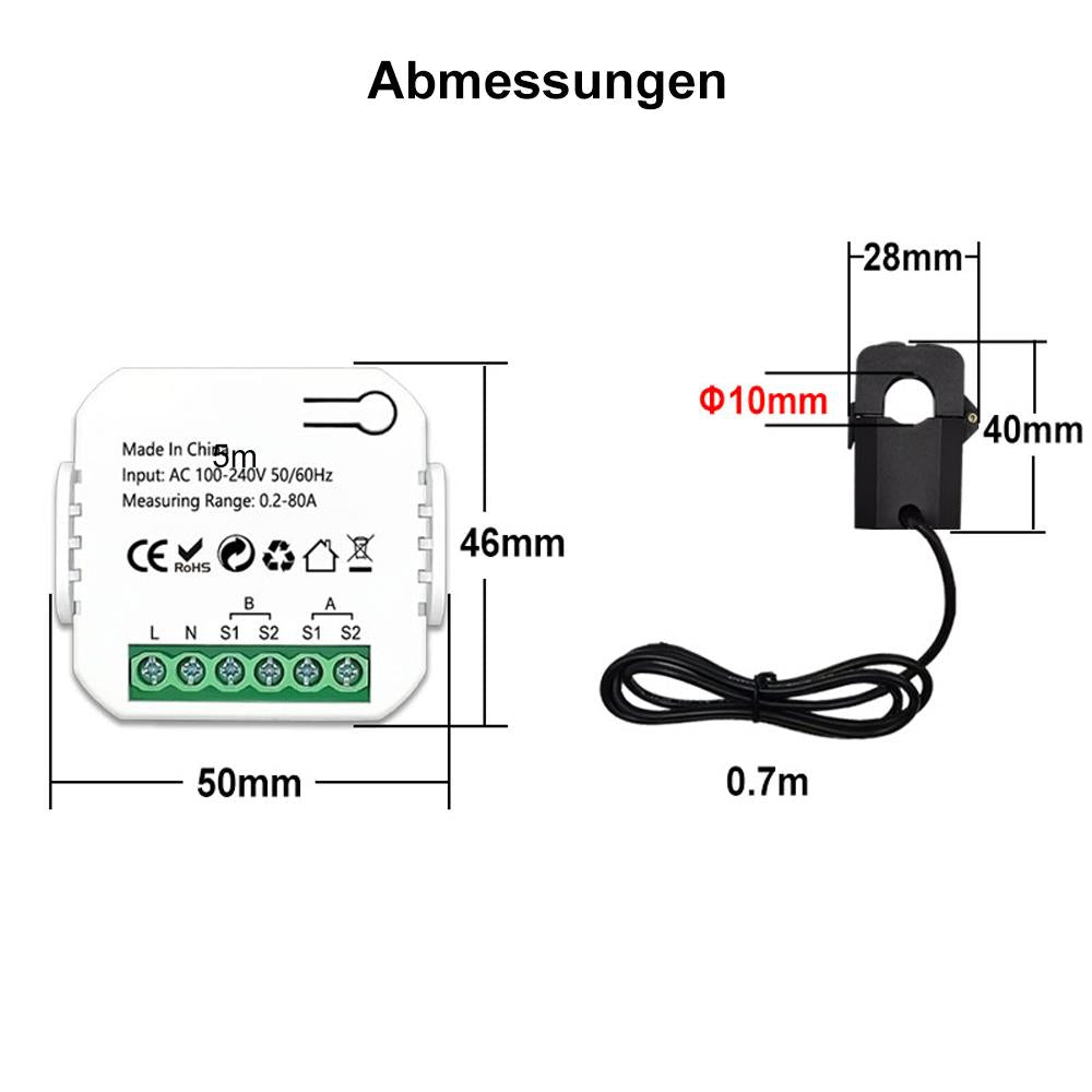 Tuya ZigBee Smart Energiezähler Bidirektional 2 Kanäle Stromwandler Klemme 80A