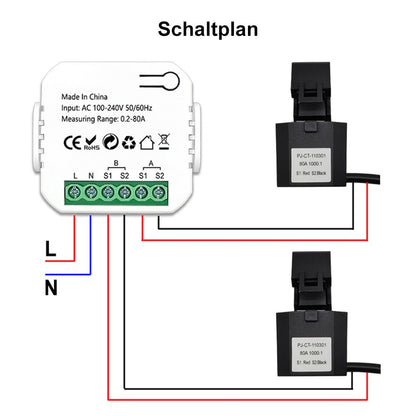 Tuya ZigBee Smart Energiezähler Bidirektional 2 Kanäle Stromwandler Klemme 80A