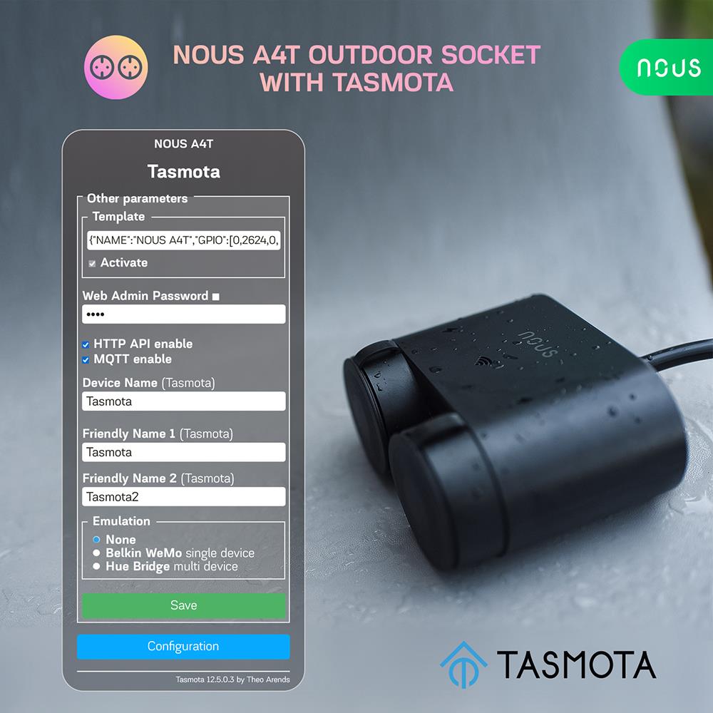 Nous A4T WiFi IP44 Dual Outdoor Smart Socket 16A Stromverbrauchsmessung Tasmota