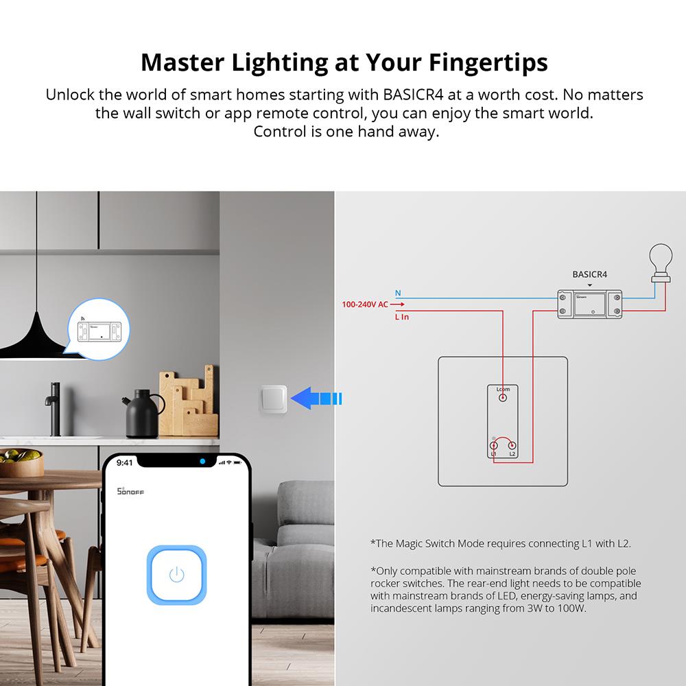 SONOFF BASICR4 10A 2400W ESP32 WiFi Smart Switch - Magic Switch Mode Tasmota 15