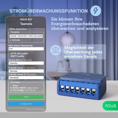 NOUS B3T WiFi Smart Switch 2 Kanal ESP32 Power Metering Tasmota opt. calibrated
