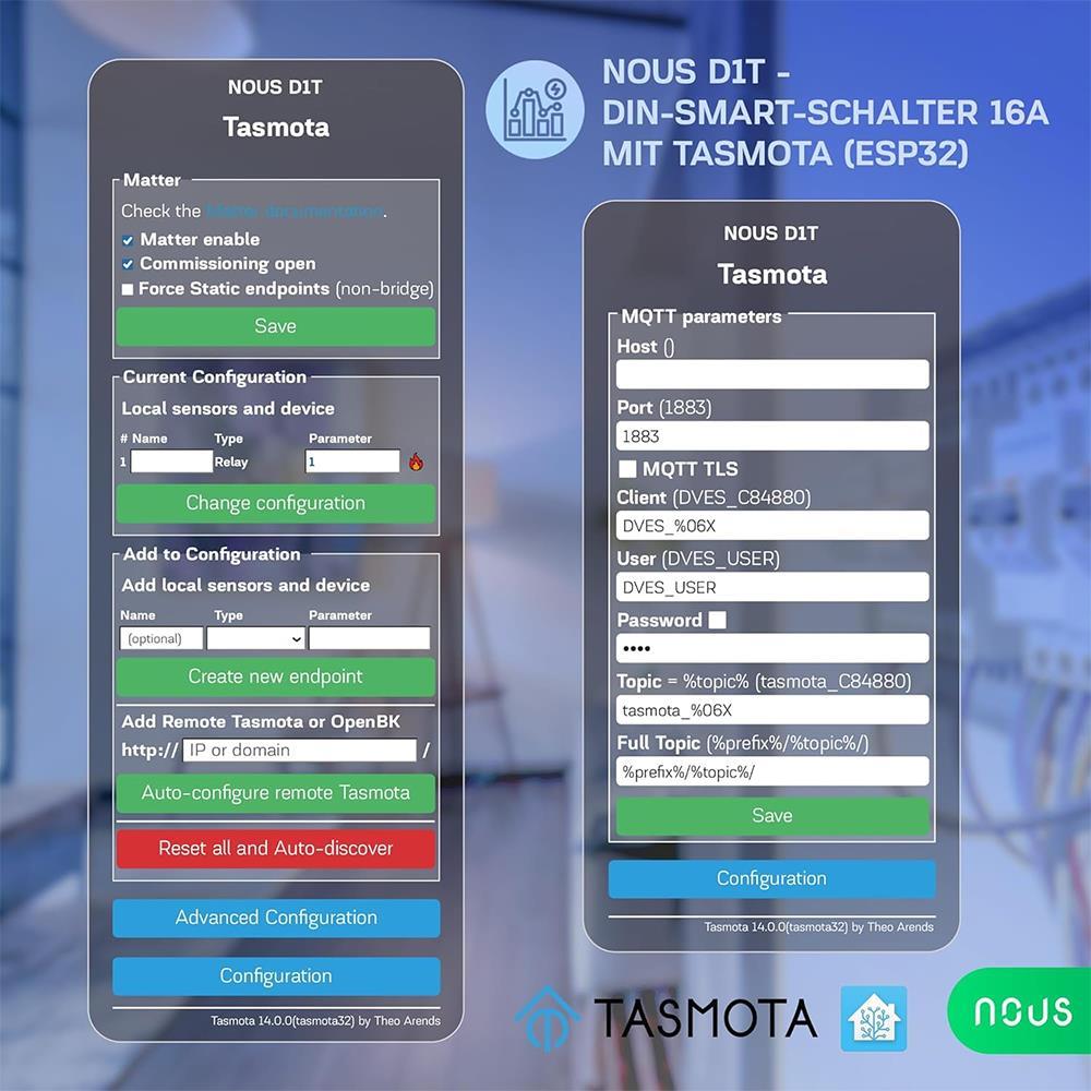 Nous D1T 16A WiFi DIN Smart Switch Verbrauchsmessung ESP32 Matter MQTT Tasmota