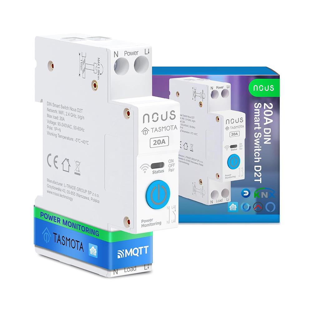 Nous D2T 20A WiFi DIN Smart Switch Verbrauchsmessung ESP32 Matter MQTT Tasmota