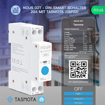 Nous D2T 20A WiFi DIN Smart Switch Verbrauchsmessung ESP32 Matter MQTT Tasmota