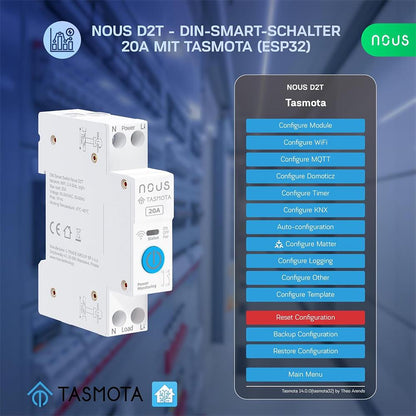 Nous D2T 20A WiFi DIN Smart Switch Verbrauchsmessung ESP32 Matter MQTT Tasmota