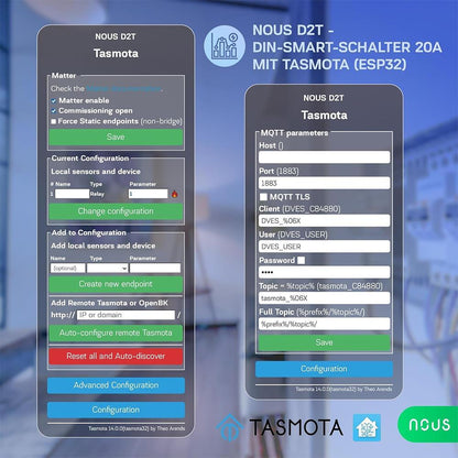 Nous D2T 20A WiFi DIN Smart Switch Verbrauchsmessung ESP32 Matter MQTT Tasmota