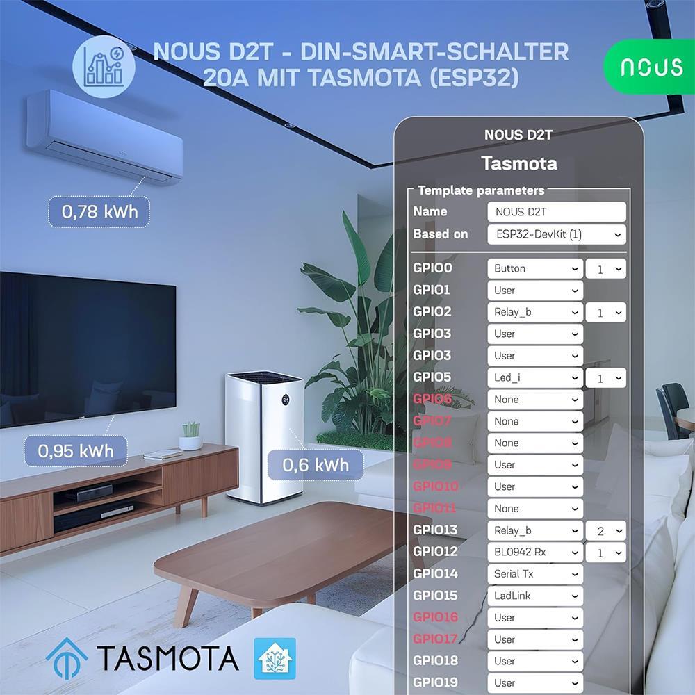 Nous D2T 20A WiFi DIN Smart Switch Verbrauchsmessung ESP32 Matter MQTT Tasmota