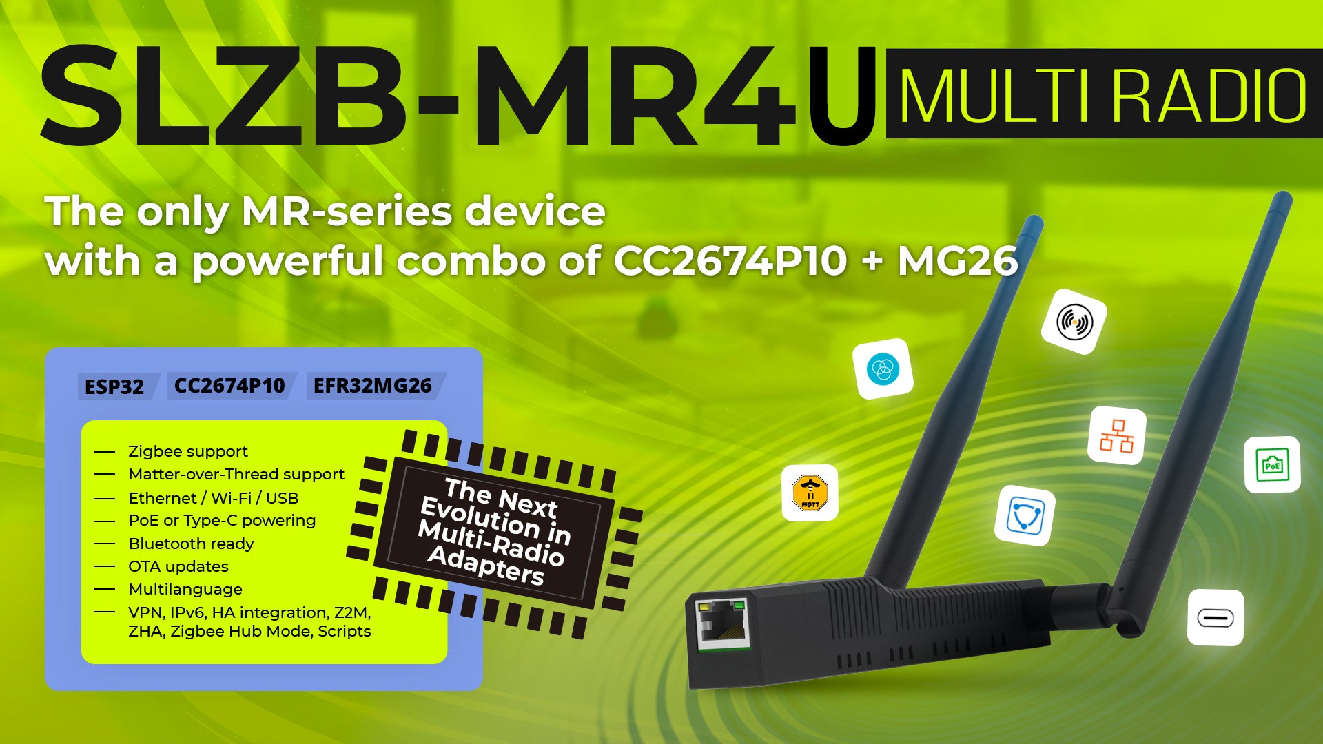 SMLIGHT SLZB-MR4U Zigbee Thread Multiradio CC2674P10 EFR32MG26 LAN PoE USB Wi-Fi