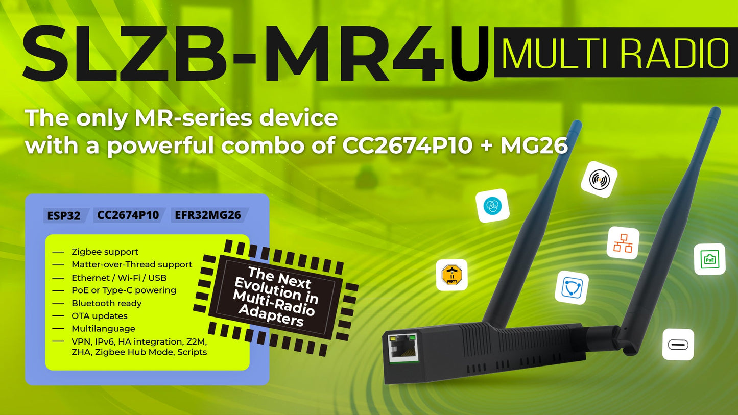 SMLIGHT SLZB-MR4U Zigbee Thread Multiradio CC2674P10 EFR32MG26 LAN PoE USB Wi-Fi